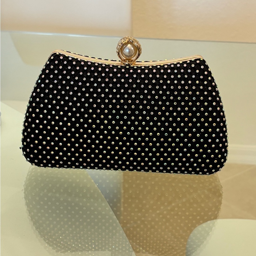 Elegant Black Studded Clutch With Pearl On Top Clutch With A Handle